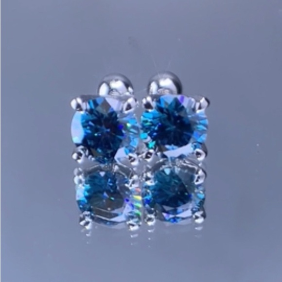 Genuine ~ Certified 2 Carat Bright Blue Diamond 18k White Gold Stud Earrings - Picture 12 of 16